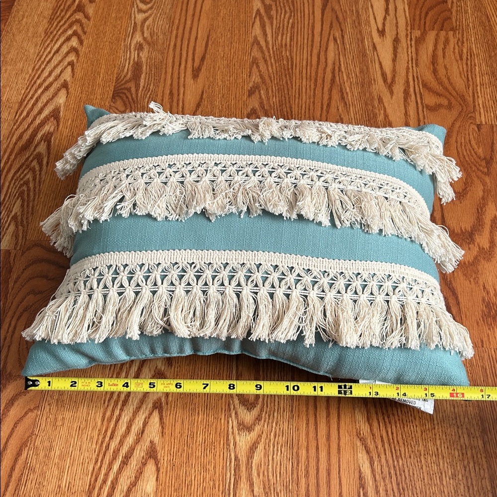 Boho Teal and Cream Decorative Pillow with Fringe 18x13 inches Crochet Lace - Picture 7 of 9